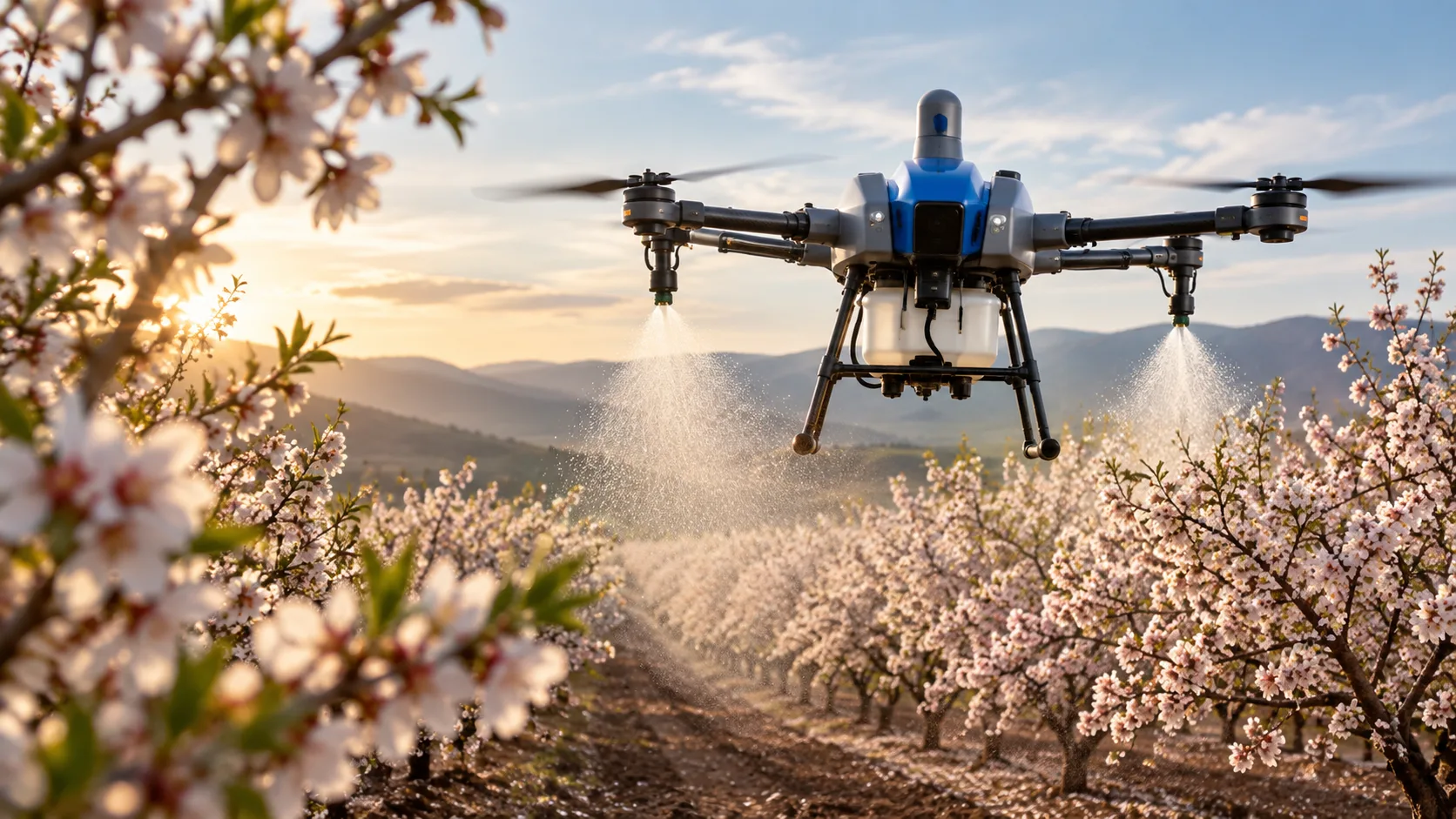 EAVision J150 pulverizando sobre almendros en flor