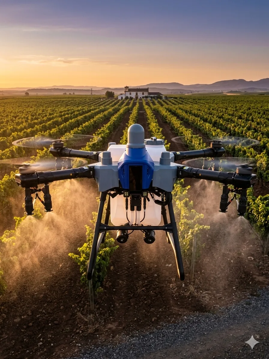 EAVision J150 pulverizando sobre viñedo