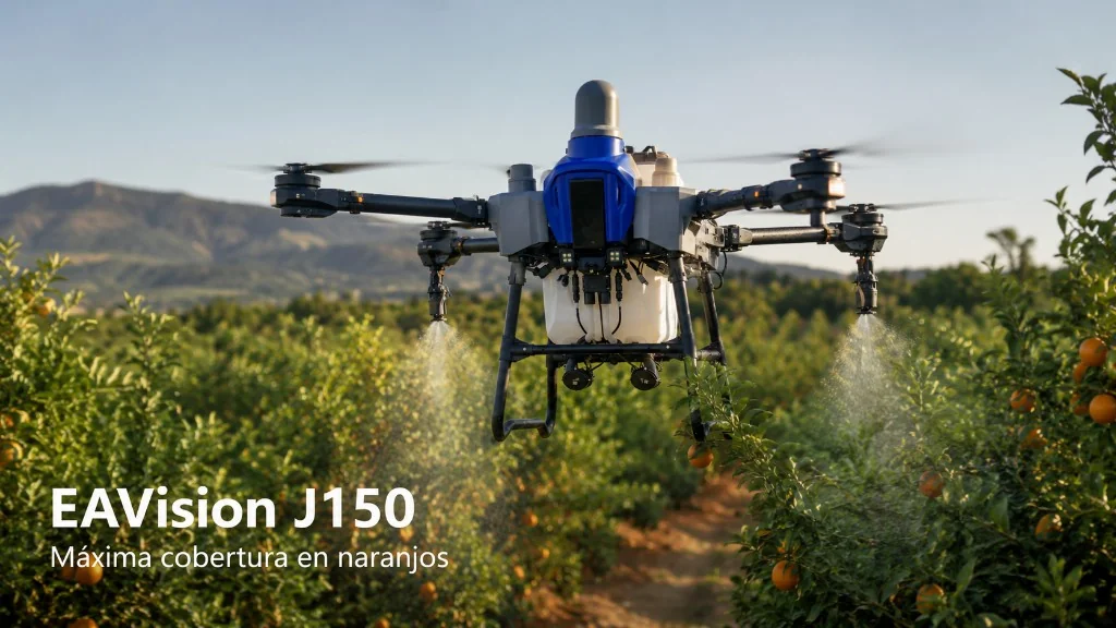 Dron pulverizador EAVision J150 pulverizando sobre naranjos